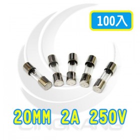 20mm 2A 250V 玻璃保險絲 鐵頭 (100PCS/盒)