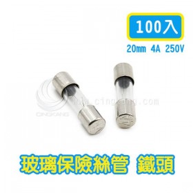 20mm 4A 250V 玻璃保險絲 鐵頭 (100PCS/盒)