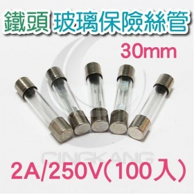 30mm 2A 250V 玻璃保險絲管 鐵頭 (100PCS/盒)