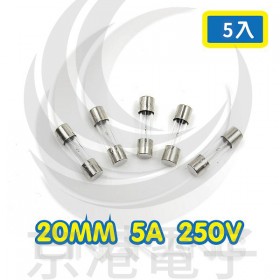 20mm  5A 250V 玻璃保險絲 慢熔型(5入)