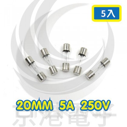 20mm  5A 250V 玻璃保險絲 慢熔型(5入)