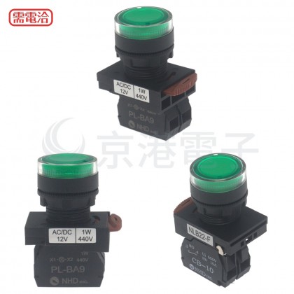 NHD 22mm 照光平頭按鈕開關-綠 1a 12V NLB22-F10GY